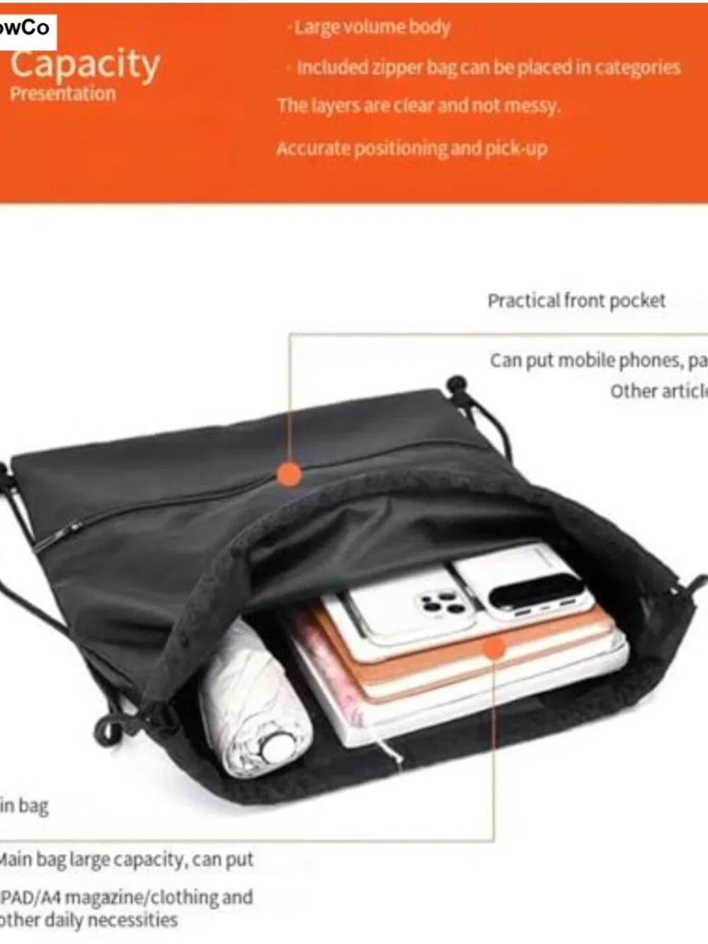 Waterproof Drawstring Backpack Gym Swim Bag with Zip Pocket